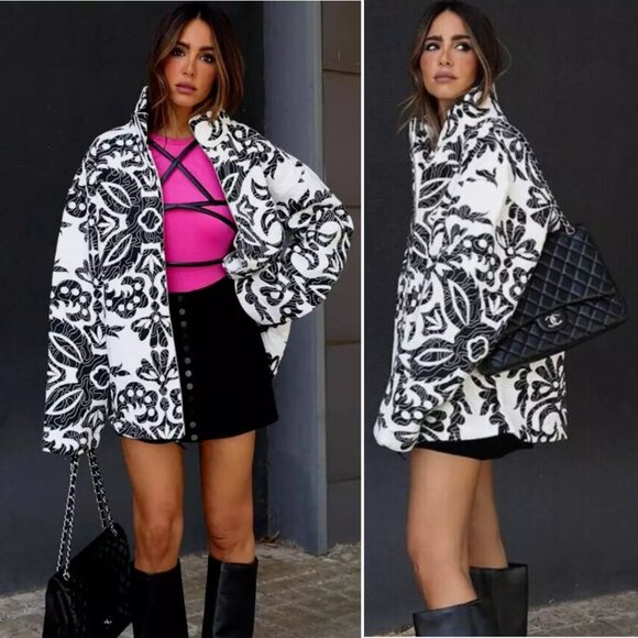 ZARA Printed Quilted Jacket Coat Size S Ecru White Black Floral Cotton NEW - Picture 1 of 12